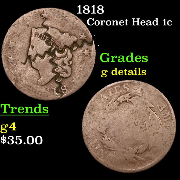 1818 Coronet Head Large Cent 1c Grades g details