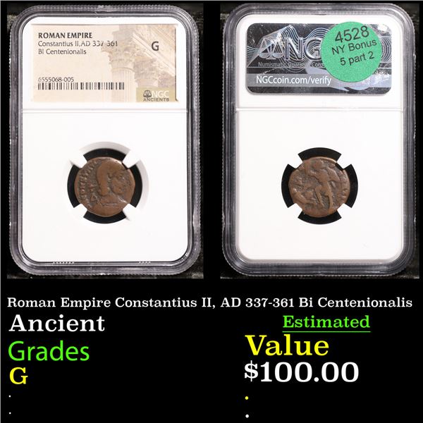 NGC Roman Empire Constantius II, AD 337-361 Bi Centenionalis Graded G BY NGC