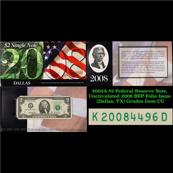 2003A $2 Federal Reserve Note, Uncirculated 2008 BEP Folio Issue (Dallas, TX) Grades Gem CU