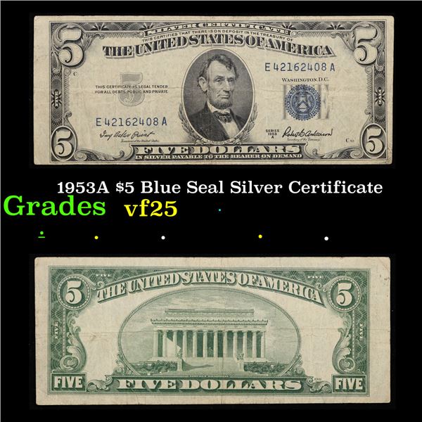 1953A $5 Blue Seal Silver Certificate Grades vf+