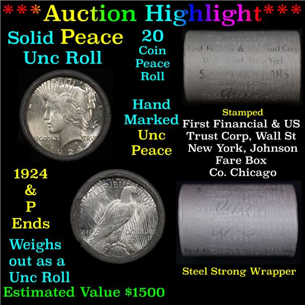 ***Auction Highlight*** Solid Uncirculated First Financial Shotgun Peace silver dollar roll 1924 & P