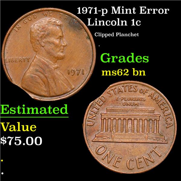 1971-p Lincoln Cent Mint Error 1c Grades Select Unc BN