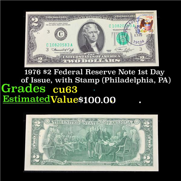 1976 $2 Federal Reserve Note 1st Day of Issue, with Stamp (Philadelphia, PA) Grades Select CU