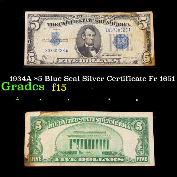 1934A $5 Blue Seal Silver Certificate Fr-1651 Grades f+