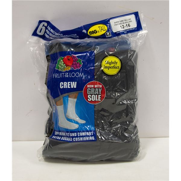 FRUIT OF LOOM CREW SOCKS, SIZE 12-18,BLACK