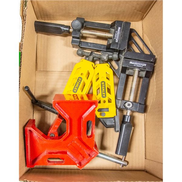 BOX OF METAL CORNER CLAMPS AND SET OF STANLEY