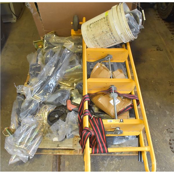 PALLET OF EQUIPMENT INCLUDES TRAILER JACKS, PINS,