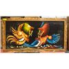 Image 1 : VELVET RETRO PAINTING FIGHTING ROOSTERS 24" X 48"