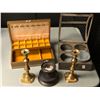 Image 1 : Group of misc. estate items - includes brass candle holders/ jewelry box/ wooden feeder