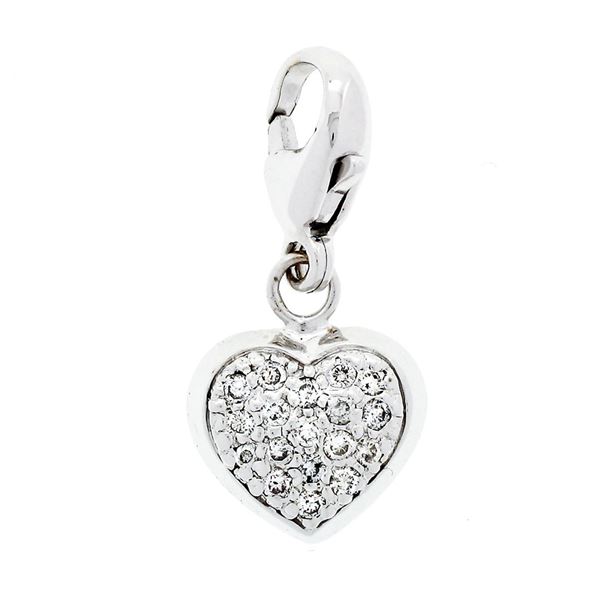 14K White Gold 0.25 ctw Diamond Puffed Heart Dangle Charm Pendant w/ Lobster Cla