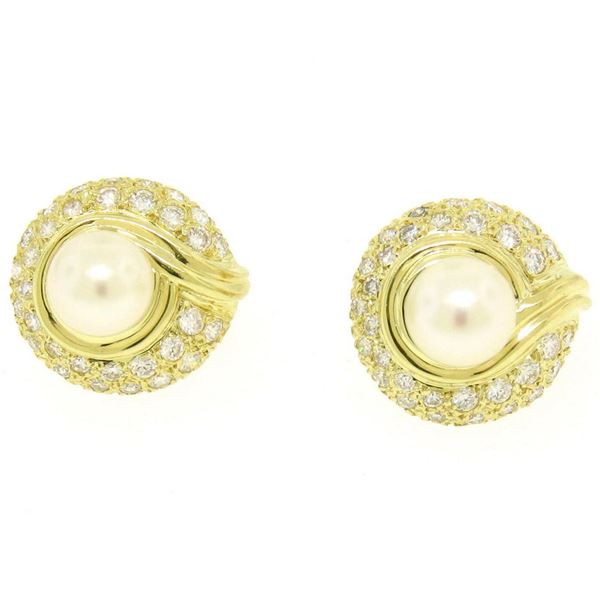 18k Yellow Gold 1.25 ctw Cultured Pearl and Diamond Button Earrings