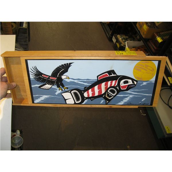 WOODEN BOX W/PAINTED EAGLE & FISH