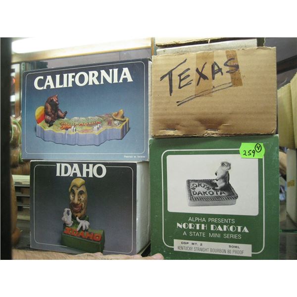 4 STATES MINI SERIES COLLECTOR BOTTLES, CALIF, IDAHO, TEXAS & N. DAKOTA