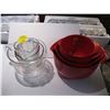 Image 1 : RED MIXING BOWLS & 4 GLASS MEASURING CUPS