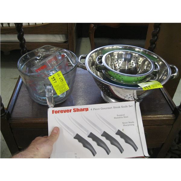 PYREX MEASURING CUPS, FOREVER SHARP 4 PIECE GOURMET STEAK KNIFE SET & 3 STRAINERS