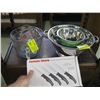 Image 1 : PYREX MEASURING CUPS, FOREVER SHARP 4 PIECE GOURMET STEAK KNIFE SET & 3 STRAINERS