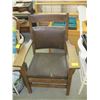 Image 1 : ANTIQUE WOODEN CHAIR W/LEATHER CUSHION, SOME DAMAGE