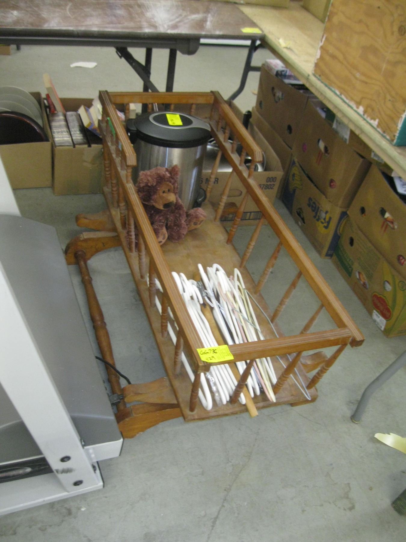 ANTIQUE ROCKER CRADLE W/GARBAGE CAN, BEAR & HANGERS