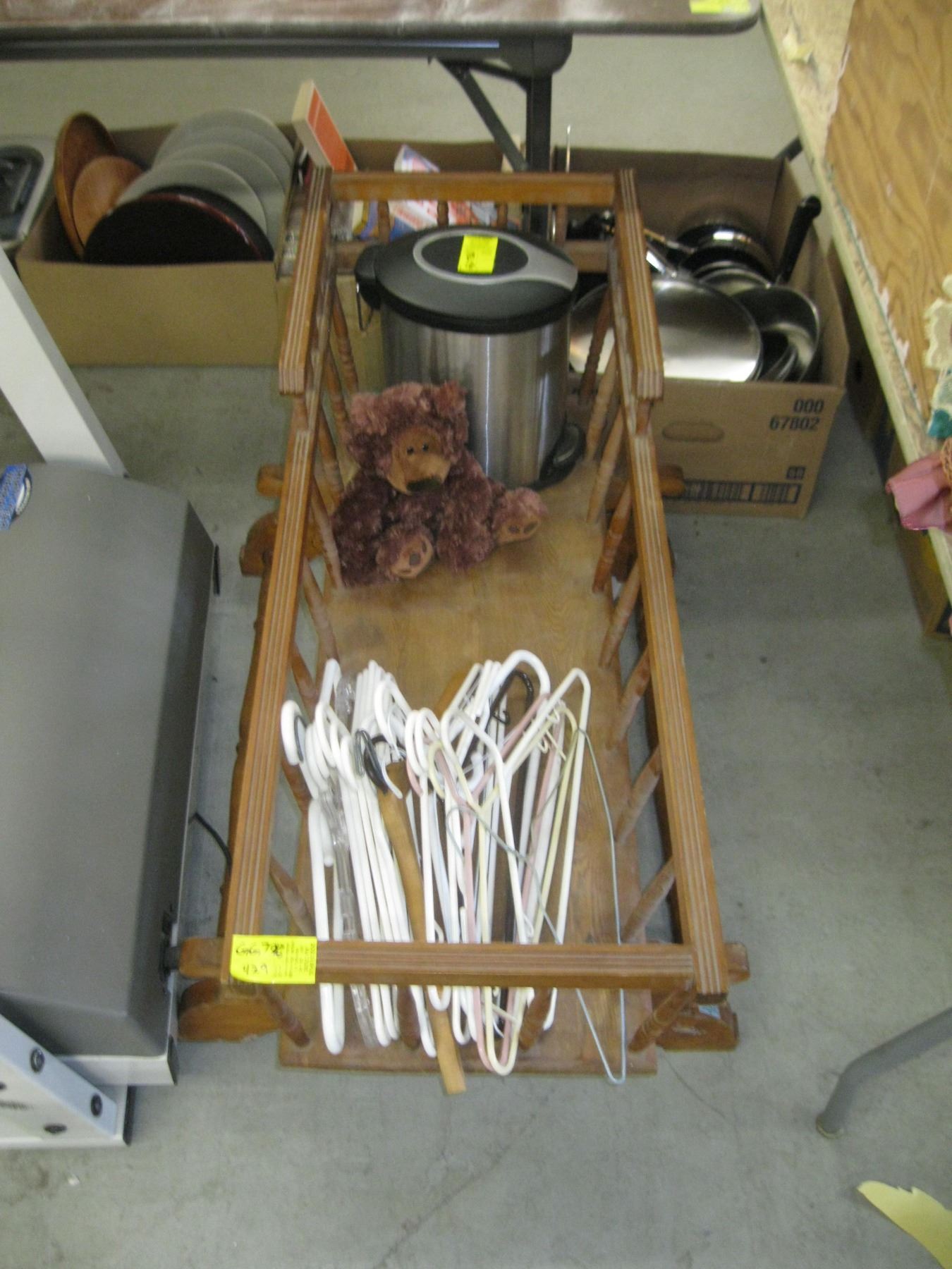 ANTIQUE ROCKER CRADLE W/GARBAGE CAN, BEAR & HANGERS