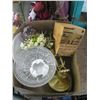 Image 2 : BOX OF GLASSWARE, BRASS LAMP, CUPCAKE HOLDER & ROUND FRAME, ETC.