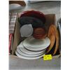 Image 1 : BOX OF PLATES, WOODEN BOWLS, ETC.