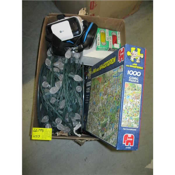 BOX W/CHRISTMAS LIGHTS, PUZZLE, HEADPHONES, ETC.