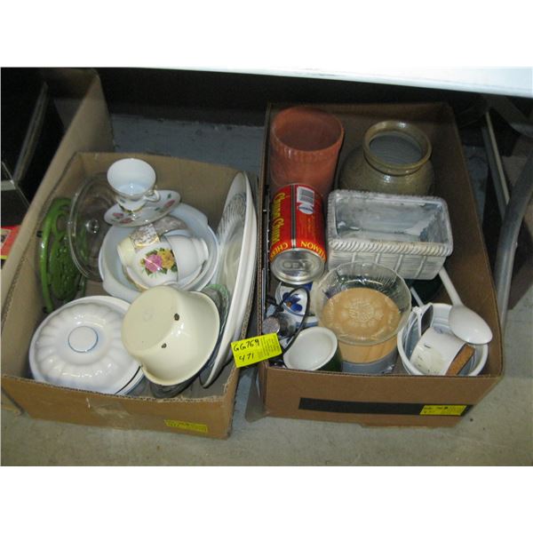 2 BOXES OF DISHWARE, TEACUPS, VASES, ETC.