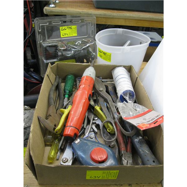 FLAT OF SCREWDRIVERS, HAMMER, BOX OF SNIPS, TIRE INFLATOR, BUCKET OF SOCKETS, ETC.