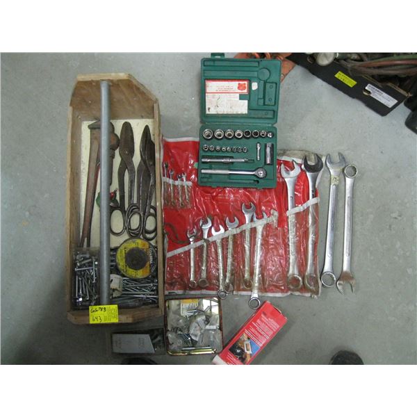 WOODEN TOOLBOX W/ASST. OPEN END WRENCHES, HOLESAWS, ETC.