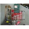 Image 1 : WOODEN TOOLBOX W/ASST. OPEN END WRENCHES, HOLESAWS, ETC.