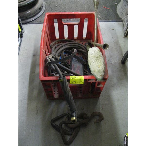 RED TOTE OF WHEEL WRENCH, METAL HOOKS & A WELDER TORCH