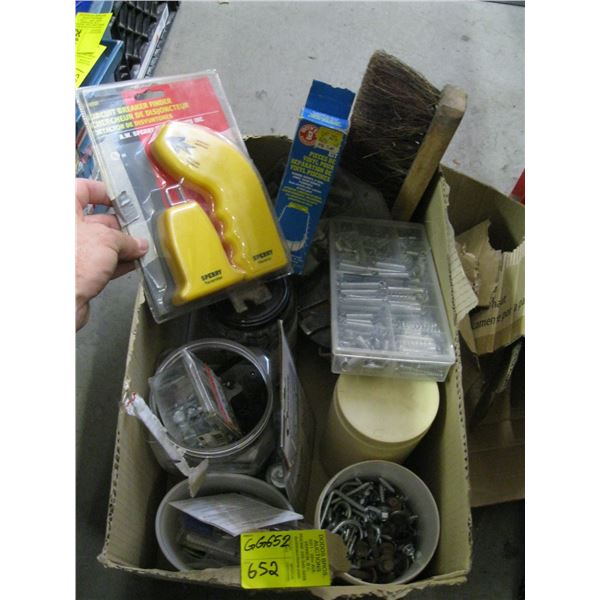 BOX OF LITTLE SPRINGS, SCREWS, CIRCUIT BREAKER FINDER, ETC.