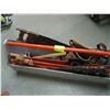 Image 1 : WOODEN TOOL TOTE W/HANDSAWS, HAMMERS, TOOL BELT, ETC.