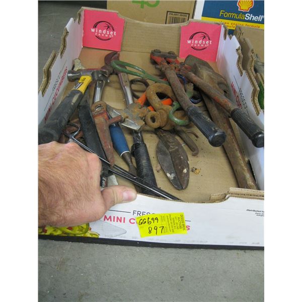 BOX OF MISC. HAMMERS, PIPE WRENCH, BRAKE CONTROLLER, ETC.