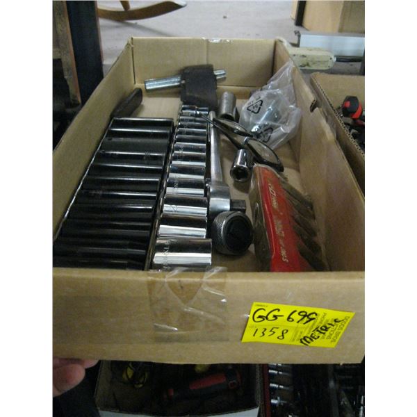 BOX OF 1/2" DRIVE METRIC ASST. SOCKETS, RATCHET, MISC. TOOLS