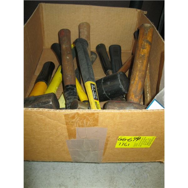 BOX OF MISC. HAMMERS, ETC.