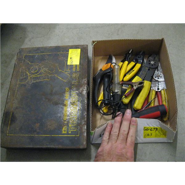 BOX OF MISC. ELECTRICAL, CRIMPERS, CUTTERS, TERMINALS, ETC.