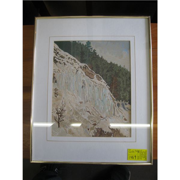 FRAMED SIGNED PRINT "ICICLES ON A WINTER CLIFF" BY ROXANNE DIXON, 1989