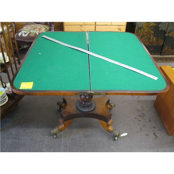 ANTIQUE FOLDING TOP GAMES TABLE W/BRASS COVERED FEET