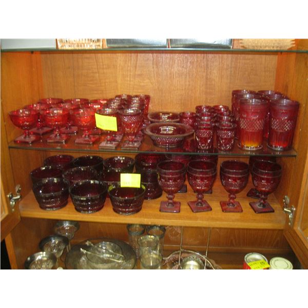 RUBY GLASS DISHES, CUPS, BOWLS, WINE GLASSES, ETC.