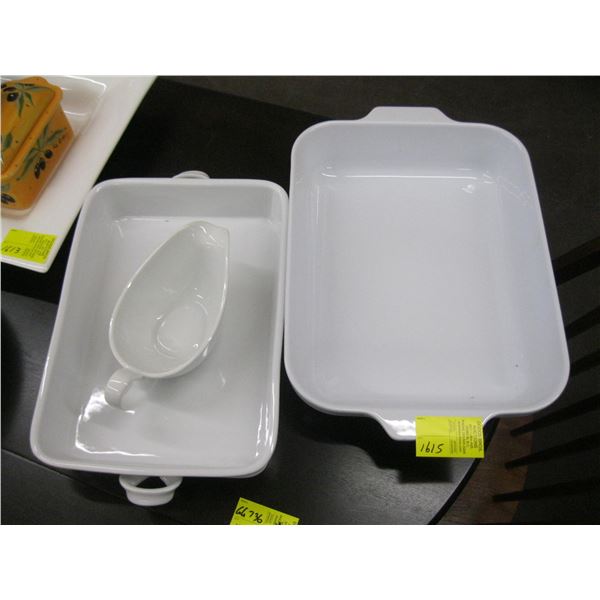 2 LG. WHITE SERVING DISHES & GRAVY BOAT