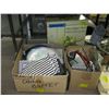 Image 1 : 2 BOXES OF MISC. CUTTING BOARDS, SERVING DISHES, OVEN MITTS, PICTURE FRAMES, ETC.