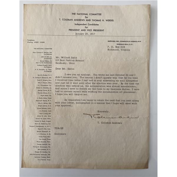 Independent candidate T. Coleman Andrews signed collector letter