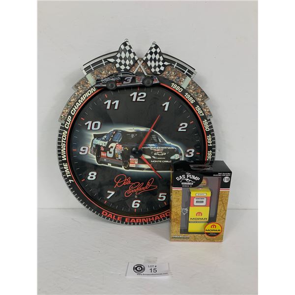 Nice Dale Earnhardt Nascar Clock and a 1:18 Scale Mopar Die Cast Gas Pump