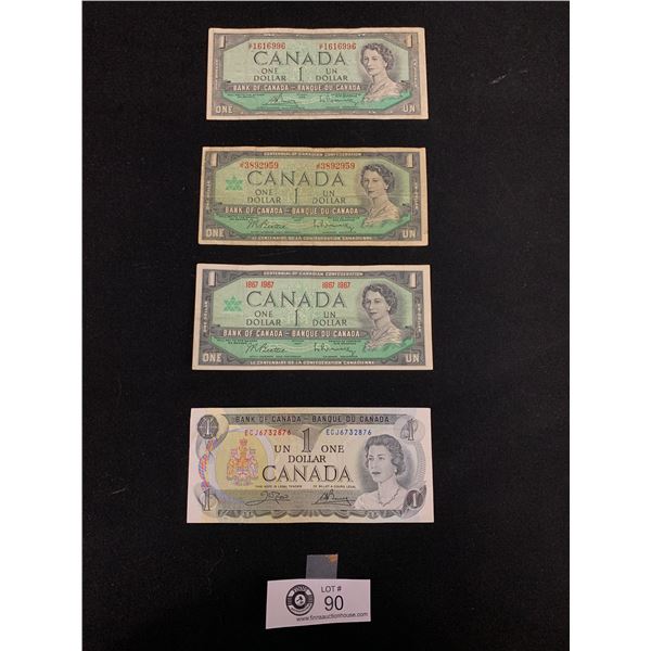 Lot of 4 Circulated Bank of Canada $1 Notes. 1954,1967 with Serial No. 1967 Without Serial and 1979