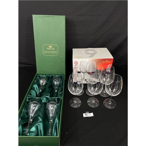 Set of 4 Trellis Fine Cut Leaded Crystal Win Glasses Plus Set of 6 Bohemia Crystal Red Wine Glasses