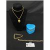 Image 1 : Nice Lot of Gold Plated Jewelry. Lion Pendant on a Chain, Bracelet and a Little Blue Heart Shaped Po