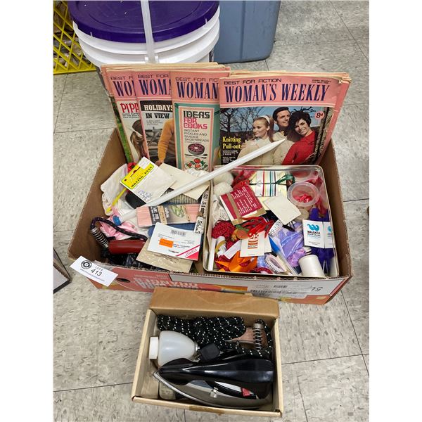 Tray Lot of Vintage Woman's Weekly Magazines and Crafting Supplies