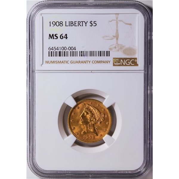 1908 $5 Liberty Head Half Eagle Gold Coin NGC MS64