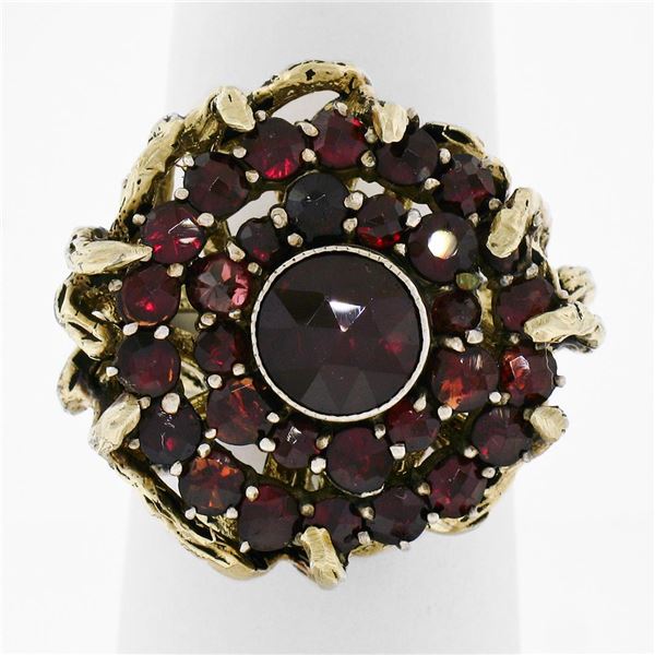 Vintage 14k Yellow Gold and Silver Top Old Cut Garnet Cluster Ring